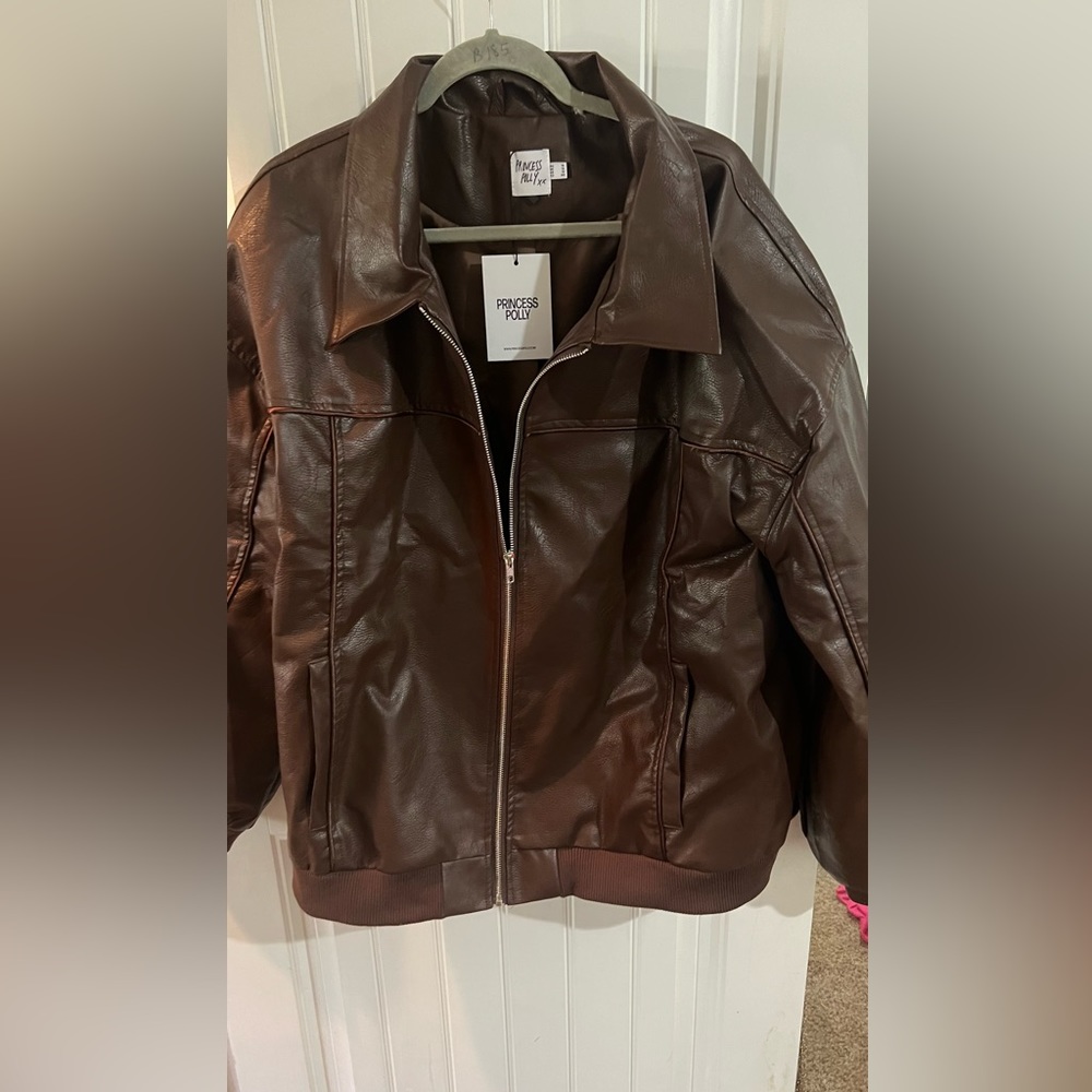 Princess Polly Goldsmith Faux Leather Bomber Jacket Brown sz 14 nwt